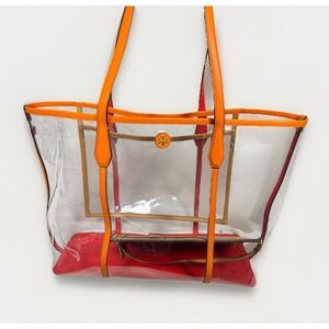 Tory Burch Clear Tote Bag Transparent Vinyl PVC Leather Orange with Tan Pouch
